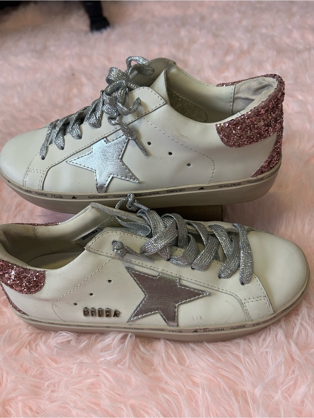 Golden Goose White Leather Sneakers with Silver Star and Pink Glitter Heel